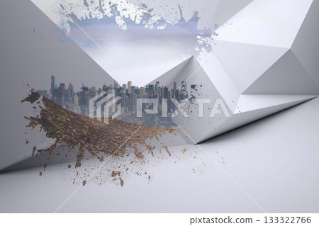 Abstract white polygonal form peeling back in 3D render, revealing city skyline and spilling soil 133322766