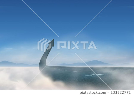 Road segment rising from mist with markings and curving into arrow over mountains in flat design Road segment rising from mist with markings and curving into arrow over mountains in flat design 133322771