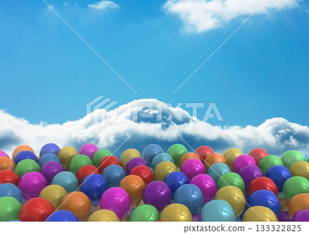 Multicolored balloon cluster is filling in flat design under bright blue sky with white clouds Multicolored balloon cluster is filling in flat design under bright blue sky with white clouds 133322825