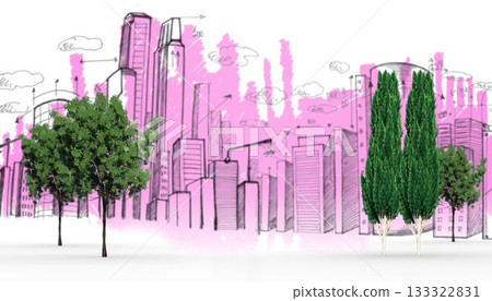 Trees against pink skyline 133322831