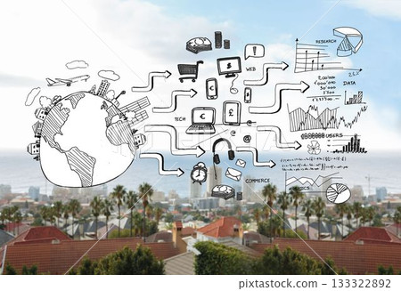 Black white graphic over cityscape background 133322892
