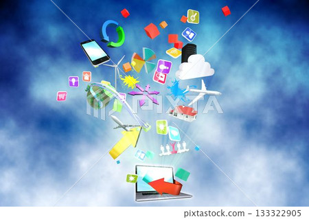 Open laptop computer is displaying floating smartphone icon and 3D objects in digital collage 133322905
