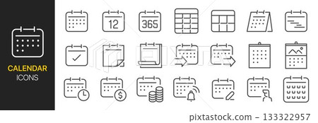 Calendar icon set. It includes year, month, schedule, subscription, date and more icons. 133322957