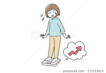 圖說：一位女士站上體重秤，注意到自己體重增加後感到焦慮。 133323024