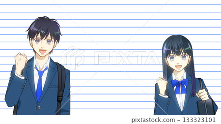 An anime-style illustration of a male and female high school or junior high school student with a backpack and school bag, set against a background resembling notebook lines An anime-style illustration of a male and female high school or junior high school student with a backpack and school bag, set against a background resembling notebook lines 133323101