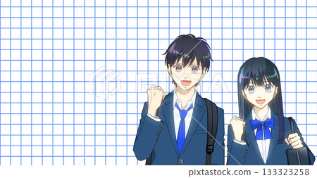 Anime-style illustration of a male and female high school or junior high school student with a backpack and school bag, against a background that resembles a grid notebook Anime-style illustration of a male and female high school or junior high school student with a backpack and school bag, against a background that resembles a grid notebook 133323258