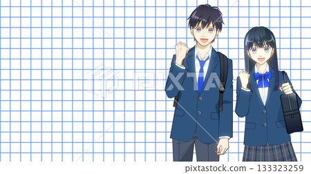 Anime-style illustration of a male and female high school or junior high school student with a backpack and school bag, against a background that resembles a grid notebook 133323259
