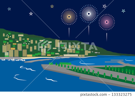 Atami hot spring town fireworks illustration 133323275