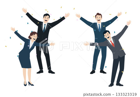 一幅插圖描繪了身著西裝的商務團隊熱情歡迎的場景。 133323319