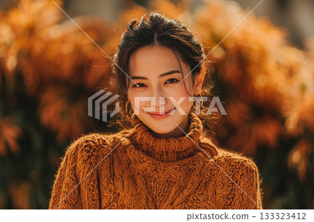 Autumn leaves and female portrait (autumn, natural light, sweater, smile, natural, outdoors) 133323412