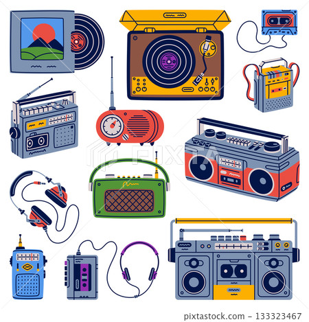 Retro Music Player and Cassette Recorder Vector Set 133323467