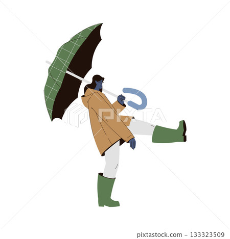 Rain with Woman Character with Umbrella Wear Boots and Coat in Storm Weather Vector Illustration 133323509