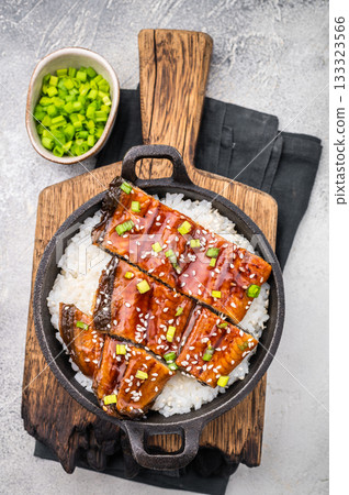 Japanese Cuisine Unadon, grilled unagi eel with rice in a skillet. white background. top view Japanese Cuisine Unadon, grilled unagi eel with rice in a skillet. white background. top view 133323566