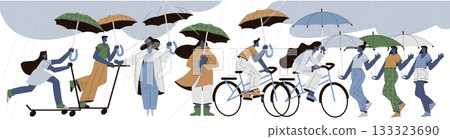 Rain and Hurricane with People Character in Storm Weather Vector Illustration Rain and Hurricane with People Character in Storm Weather Vector Illustration 133323690