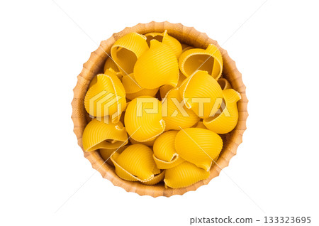 Jambo Pipe rigate raw pasta isolated on white background. top view Jambo Pipe rigate raw pasta isolated on white background. top view 133323695
