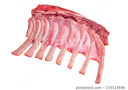 Raw rack of lamb, mutton cutlets isolated on white background. top view 133323696