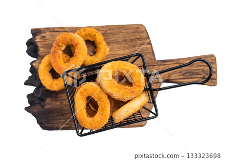 Deep Fried crunchy onion rings, delicious snack isolated on white background. top view 133323698