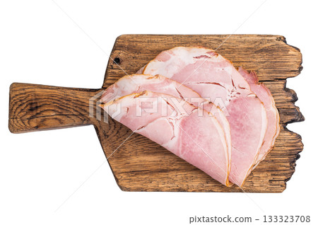 Sliced pork ham for sandwiches, smoked meat isolated on white background. top view Sliced pork ham for sandwiches, smoked meat isolated on white background. top view 133323708