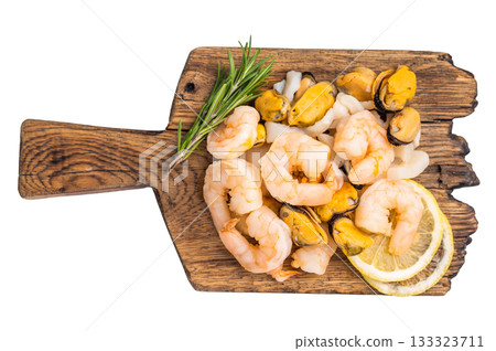 Fresh Seafood cocktail, raw Mix with Mussels, Clams, Prawns, Shrimps and squid on wooden board isolated on white background. top view Fresh Seafood cocktail, raw Mix with Mussels, Clams, Prawns, Shrimps and squid on wooden board isolated on white background. top view 133323711