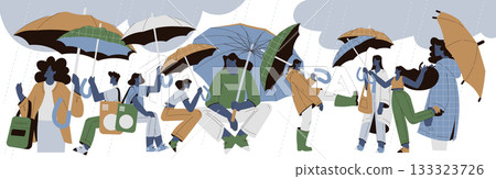 Rain and Hurricane with People Character in Storm Weather Vector Illustration 133323726