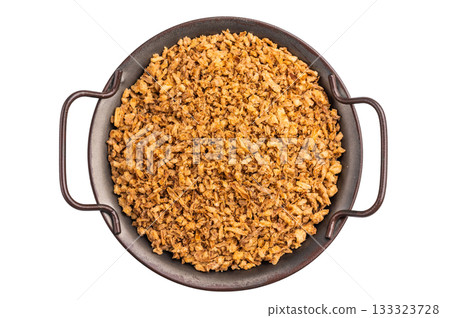 Crispy Fried Onion, Roasted dried Onions isolated on white background. top view Crispy Fried Onion, Roasted dried Onions isolated on white background. top view 133323728