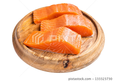 Fresh Salmon fillets, raw fish steaks isolated on white background. top view 133323730