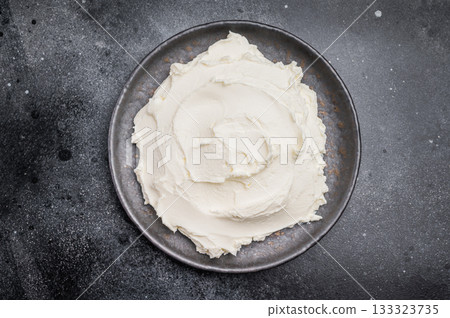 Creamy Homemade Mascarpone cheese, cream cheese. black background. top view 133323735