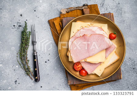 Ham and cheese sandwich, toast with sliced Prosciutto Cotto. grey background. top view Ham and cheese sandwich, toast with sliced Prosciutto Cotto. grey background. top view 133323791
