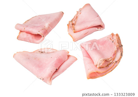Closeup of cured pork lonza on a plain white backdrop emphasizing marbling and simplicity great for culinary advertising. 133323809