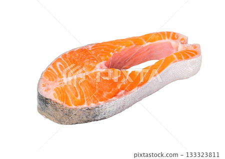 Fresh salmon steak on a bright white background showing vivid color and clean texture perfect for healthy seafood menus and cooking themes. Fresh salmon steak on a bright white background showing vivid color and clean texture perfect for healthy seafood menus and cooking themes. 133323811