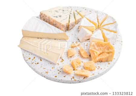 Gourmet cheese selection with brie parmesan and blue styles arranged on a terrazzo surface against a crisp white backdrop. 133323812
