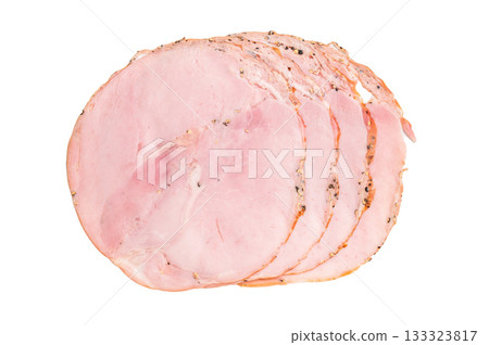 Thin sliced Italian spalla displayed on a clean white background showing its delicate marbling and texture ideal for food stock use. Thin sliced Italian spalla displayed on a clean white background showing its delicate marbling and texture ideal for food stock use. 133323817