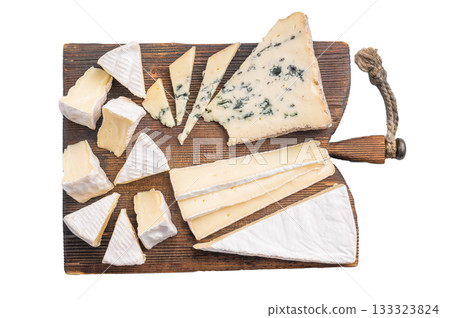 Assortment of Brie Camembert and Roquefort arranged on a rustic wooden board against a bright minimal background for a gourmet look. 133323824
