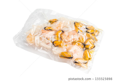 Frozen Raw Seafood Cocktail with Mussels, Clams, Prawns, Shrimps and squid isolated on white background. top view 133323898