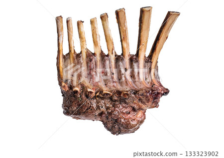 Roast Rack of lamb chops, mutton organic meat isolated on white backgrounds Roast Rack of lamb chops, mutton organic meat isolated on white backgrounds 133323902