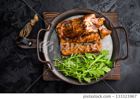 Roasted Teriyaki salmon fillet with salad. black background. top view Roasted Teriyaki salmon fillet with salad. black background. top view 133323967