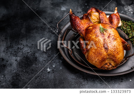 Roasted whole goose on steel tray. black background. top view Roasted whole goose on steel tray. black background. top view 133323973
