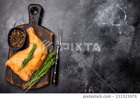 Smoked chicken leg, roast cooked poultry meat dinner. black background. top view 133323978