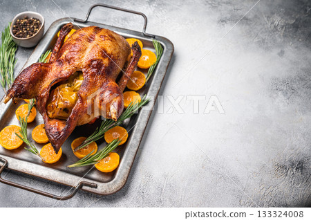 Baked whole duck with apples and herbs on steel tray. grey background. top view 133324008