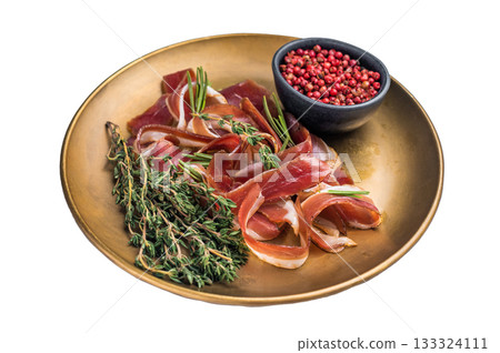 Cured duck fillet meat slices, magret smoked poultry on a plate isolated on white background. top view 133324111