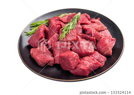Diced Raw Boar meat, fresh Game Meat in a plate Isolated on white background. top view 133324114