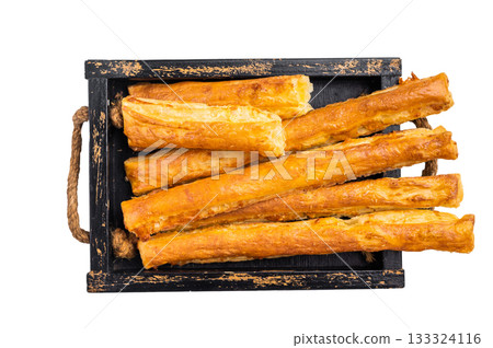 Bread sticks with cheese and salt isolated on white background. top view 133324116
