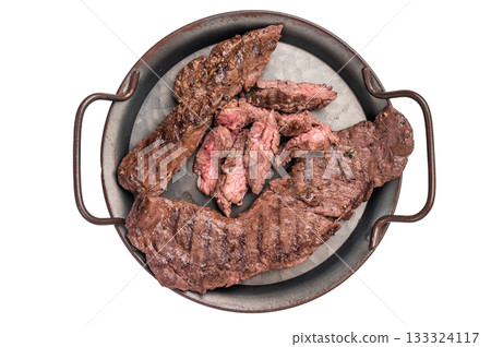 Grilled Beef hanging Steak, prime meat isolated on white background. top view Grilled Beef hanging Steak, prime meat isolated on white background. top view 133324117
