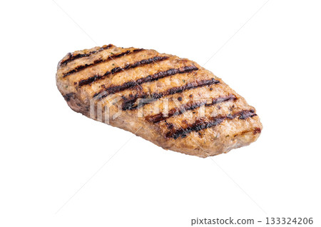 Grilled kofta kebabs made from spiced minced meat, perfectly grilled and served with fresh herbs and tangy sauce. isolated on white background. top view 133324206