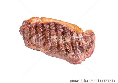 Juicy grilled striploin New York steak with perfect grill marks, ideal for a hearty meal or summer barbecue. isolated on white background. top view 133324213