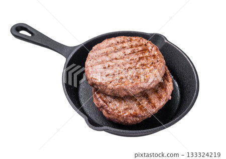 Deliciously charred grilled meat burger patty on the grill, perfect for satisfying cravings at any cookout. isolated on white background. top view Deliciously charred grilled meat burger patty on the grill, perfect for satisfying cravings at any cookout. isolated on white background. top view 133324219