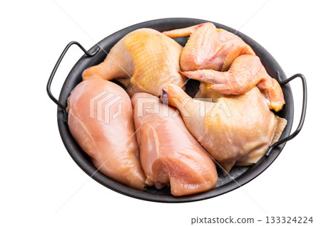 Fresh raw chicken from an eco farm, ready for cooking, isolated on white background Fresh raw chicken from an eco farm, ready for cooking, isolated on white background 133324224