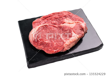 Fresh Raw Rib eye steak, dry aged prime beef meat isolated on white background Fresh Raw Rib eye steak, dry aged prime beef meat isolated on white background 133324229
