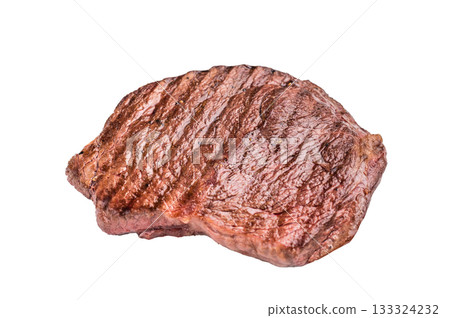 A mouthwatering grilled top sirloin or rump beef steak, showcasing beautiful grill marks. isolated on white background. top view 133324232