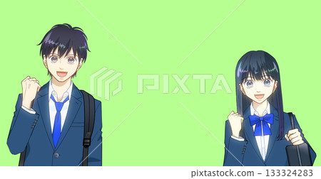 動漫風格的插圖，描繪了背著背包和書包的高中或初中男女學生。 133324283